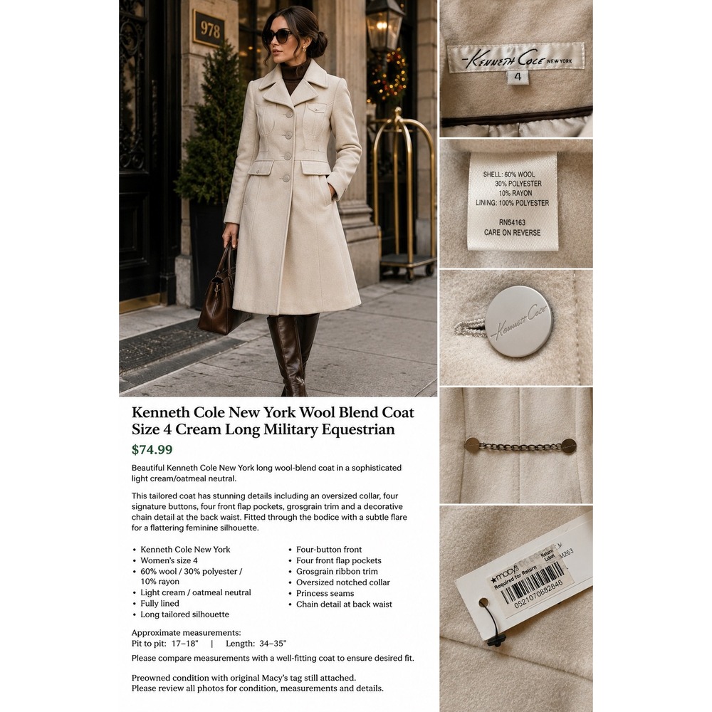 Kenneth Cole New York Wool Blend Coat 4 Cream Military Equestrian Long NWT